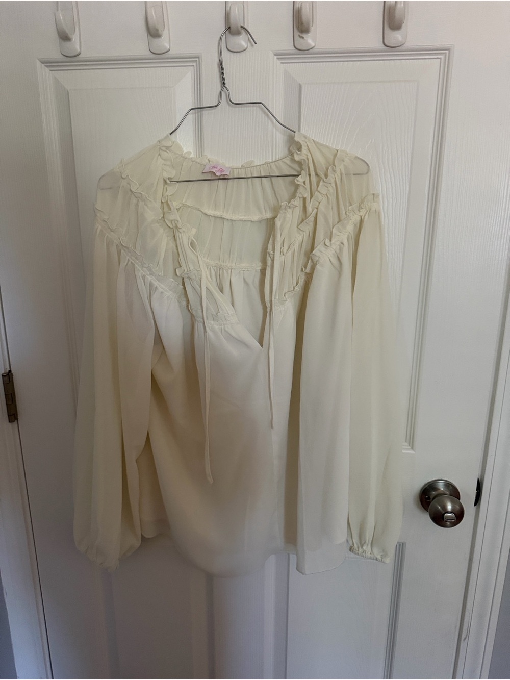 Pink Lily Cream Ruffle Peasant Blouse